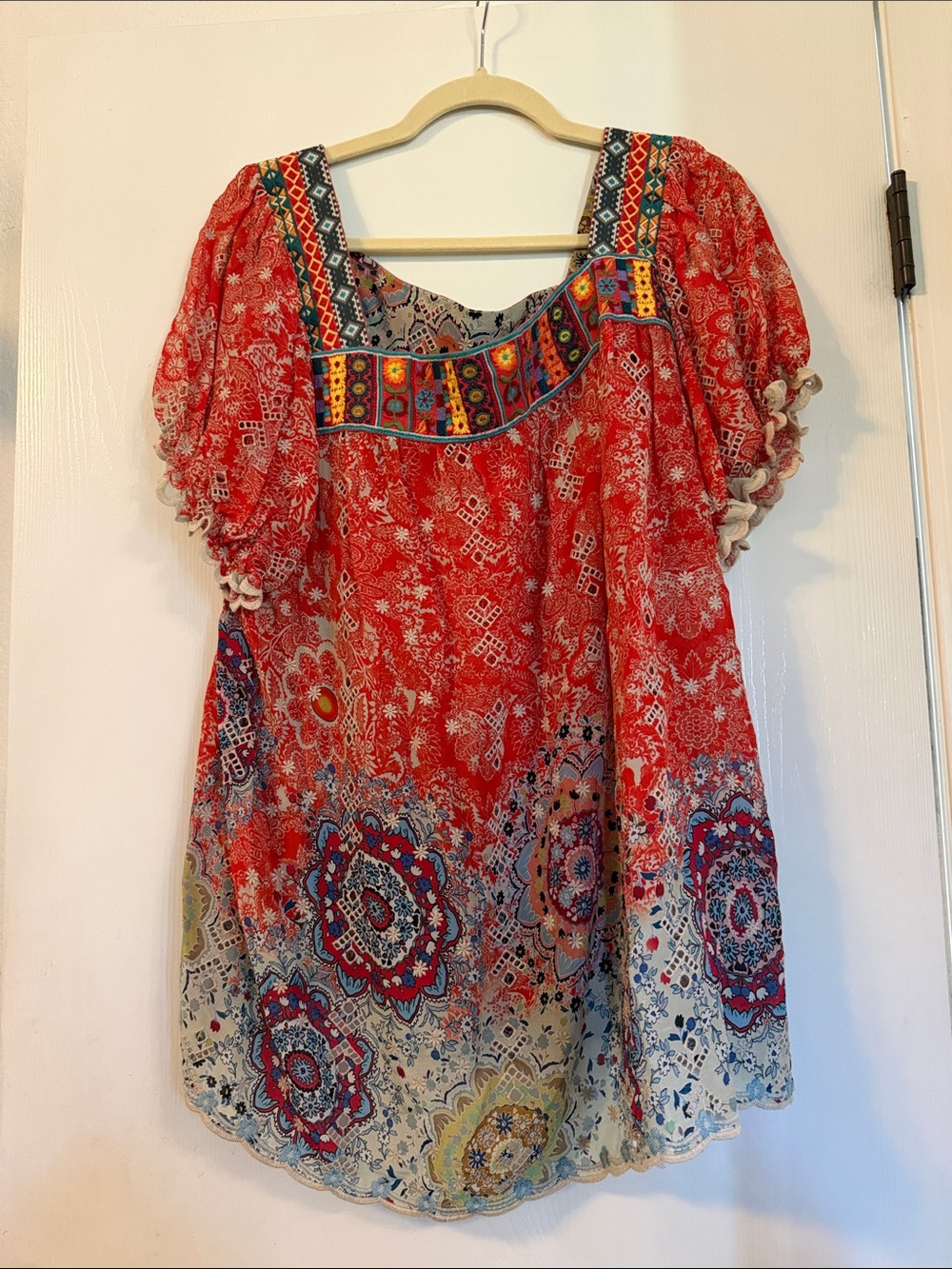 Johnny Was Red Embroidered Boho Tunic